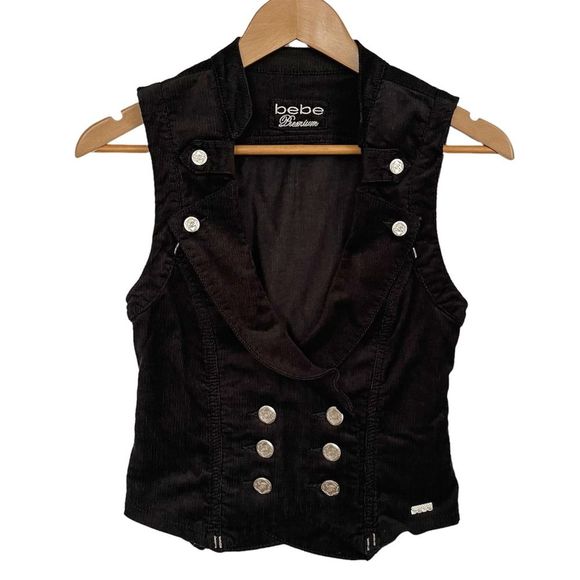 bebe Jackets & Blazers - Bebe Vest Size XS Black Corduroyed Silver Button Collar  Logo Preppy
